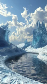 Glacial river winding through crystalline ice spires under sky.