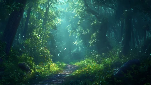 Wooded pathway with canopy filtration and ambient light diffusion.