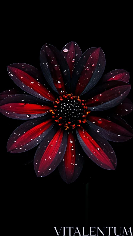 Dramatic Black-Red Flower with Dewdrops Against Dark Background.