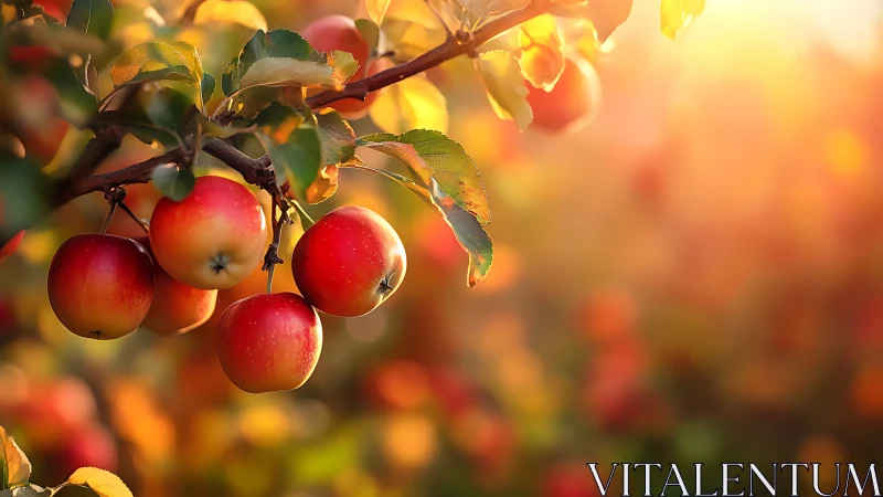Sunlit apples ripening softly in a glowing autumn orchard.