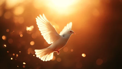 Photorealistic dove in golden backlight with bokeh field.