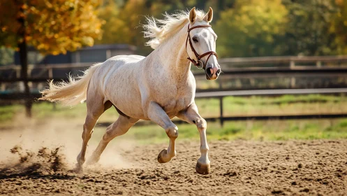 Dynamic equine gallop in sunlit paddock, telephoto capture.