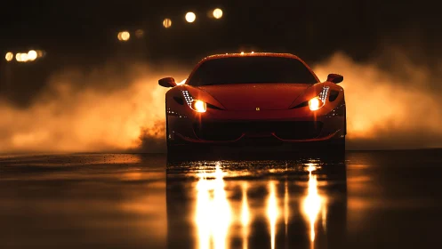 Red supercar cuts through night fog with blazing headlights