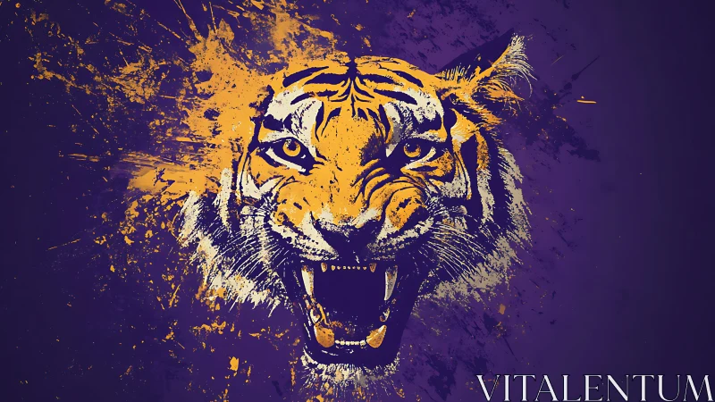 Roaring tiger portrait in dynamic purple and gold splatter.