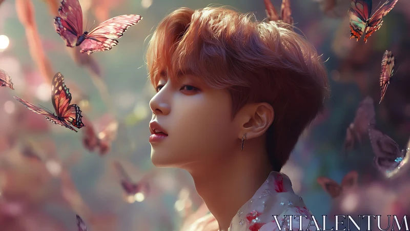 Youthful figure in pastel garden surrounded by butterflies.