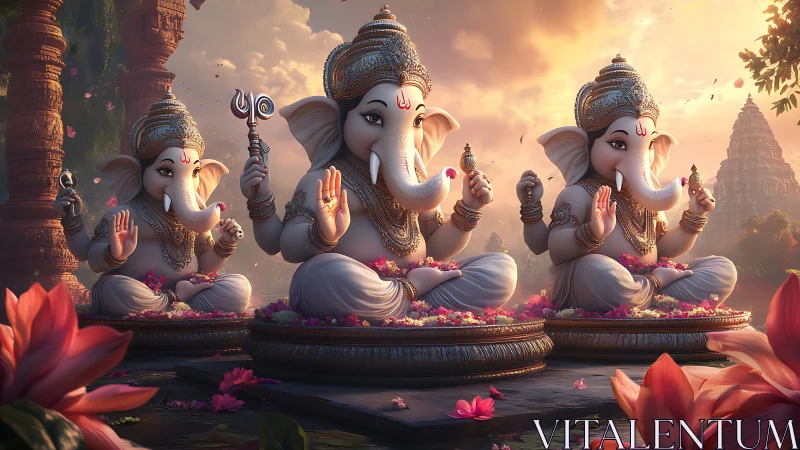 Serene Ganesha idols meditate in lotus-filled temple light