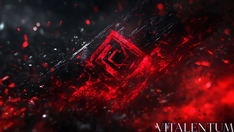 Red fracturing emblem in high-contrast abstract space.