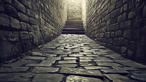 Narrow cobblestone passageway leading to stone steps.