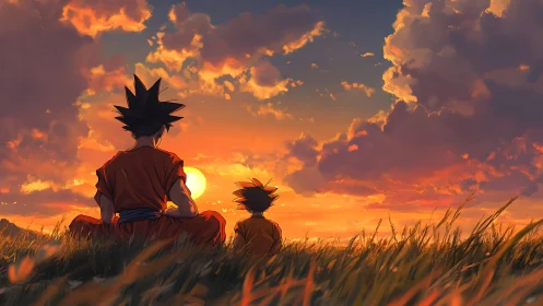 Anime silhouettes in orange sunset field with volumetric clouds