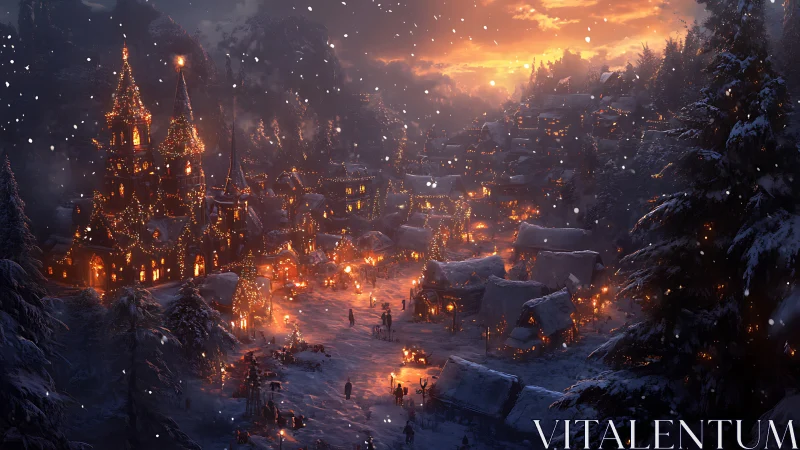 Snow-covered mountain village with illuminated winter market.