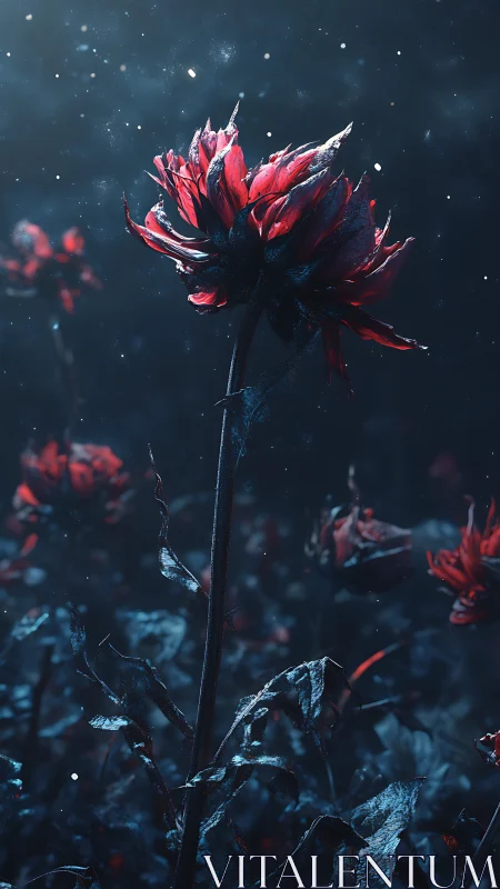 Red Flower with Frost and Particle Effects Against Dark Background