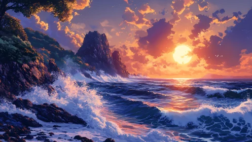 Vibrant digital seascape captures sunset-lit cliffs and surf