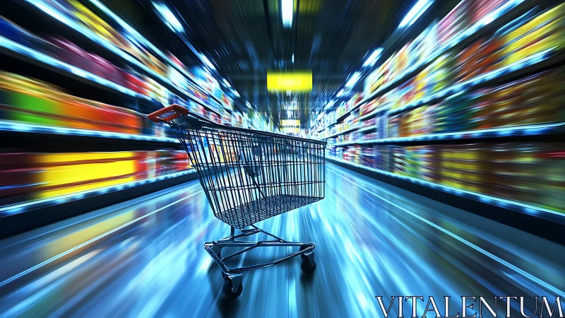 Dynamic supermarket aisle with motion-blurred shelves and cart