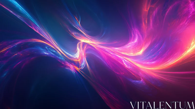 Neon cosmic energy streams curve across deep indigo void