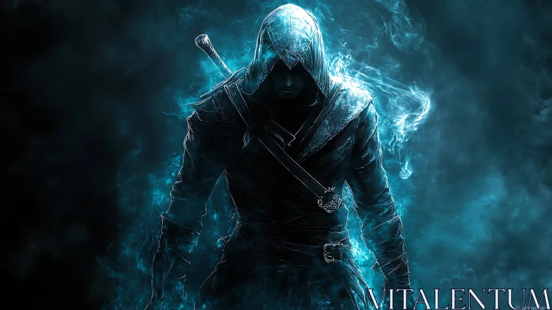 Hooded rogue strides through swirling blue spectral mist.