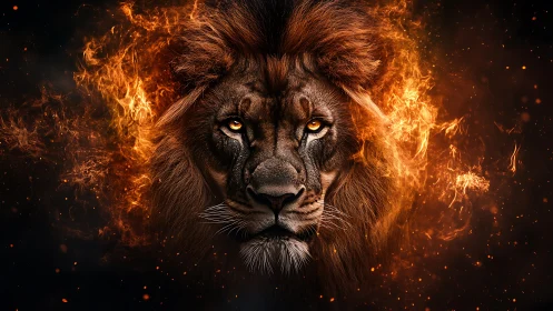 Lion head portrait framed by stylized surrounding flames.