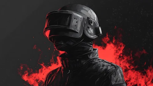 Armored helmeted figure in red inferno backlit profile.