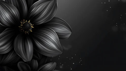 Black Flowers with Golden Stamen Against Dark Background.