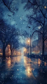 Rain-soaked city promenade glowing under quiet blue night.