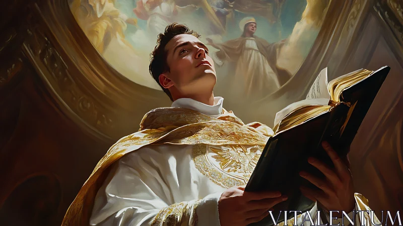 Young priest holding open book beneath church ceiling.
