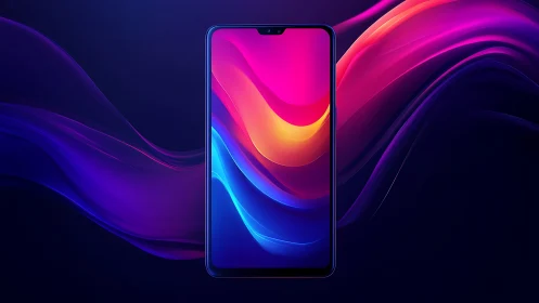 Smartphone Displaying Fluid Gradient Wallpaper Against Neon Backdrop.