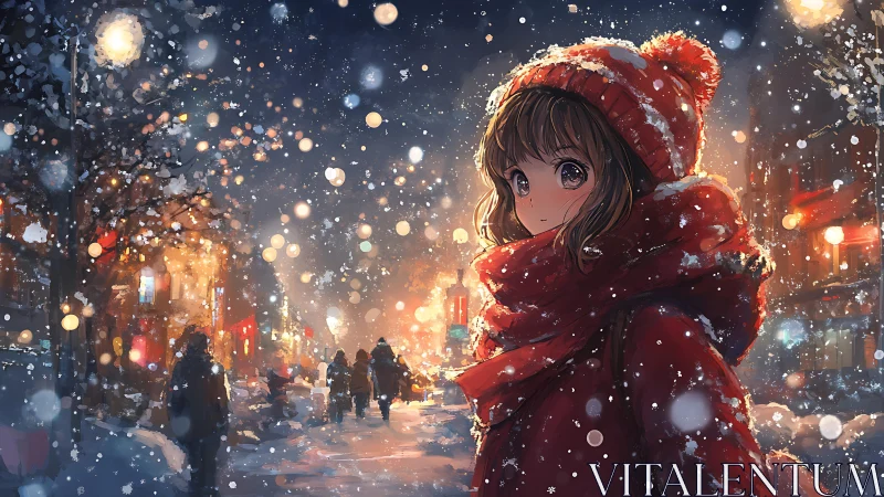 Snowlit city girl wrapped in crimson winter wonderment.