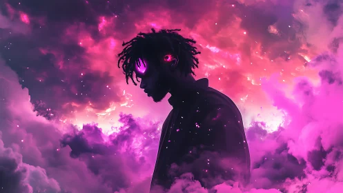 Silhouette of futuristic figure in vivid pink cosmic clouds.