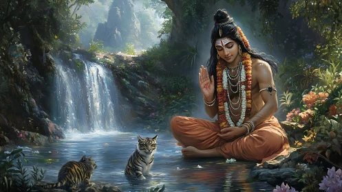 Seated ascetic raises hand beside tigers in forest stream