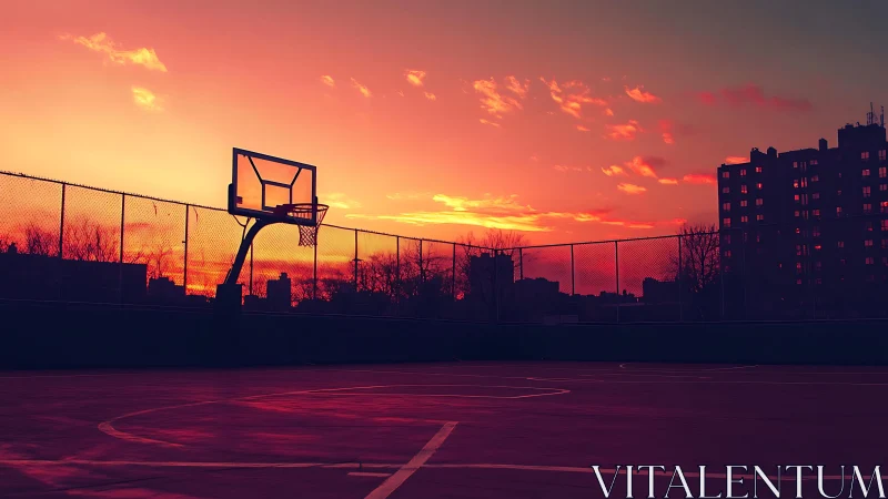 Urban basketball court silhouetted under vivid sunset sky.