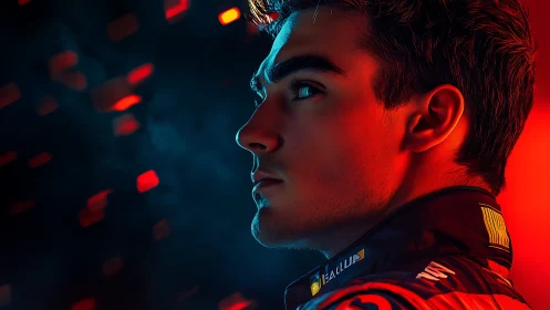 Neon-lit racing portrait in dual-tone cinematic profile lighting.