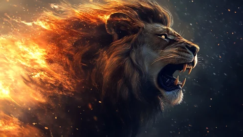 Thermodynamic lion profile with ballistic ignited mane plume.