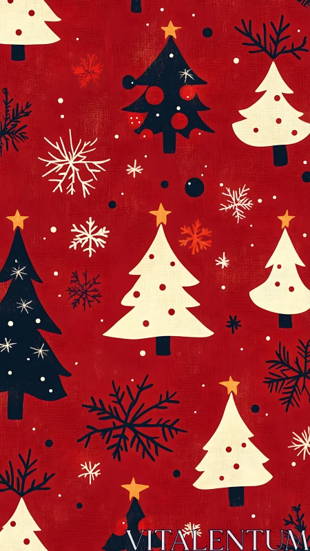 Digital painting pattern of stylized Christmas trees on red ground.