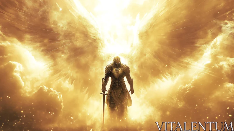 Armored angelic warrior emerges from radiant celestial clouds