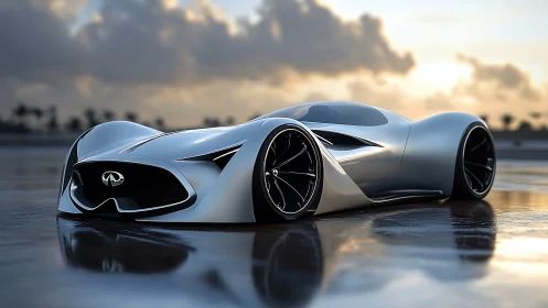 Futuristic Infiniti concept car in reflective wet track sunset.