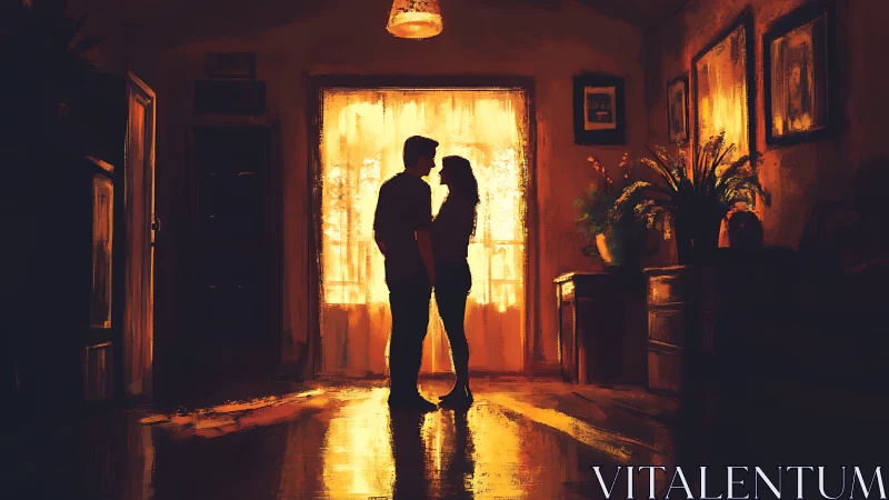 Silhouetted couple silhouettes backlit by golden interior window luminescence and warm ambient light
