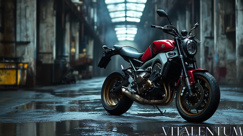 Photorealistic red cafe racer in moody industrial warehouse.