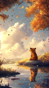 Solitary tiger observing autumn river under drifting leaves.