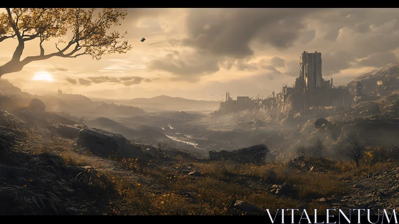 Ruined citadel at dusk over misty ravine plains.