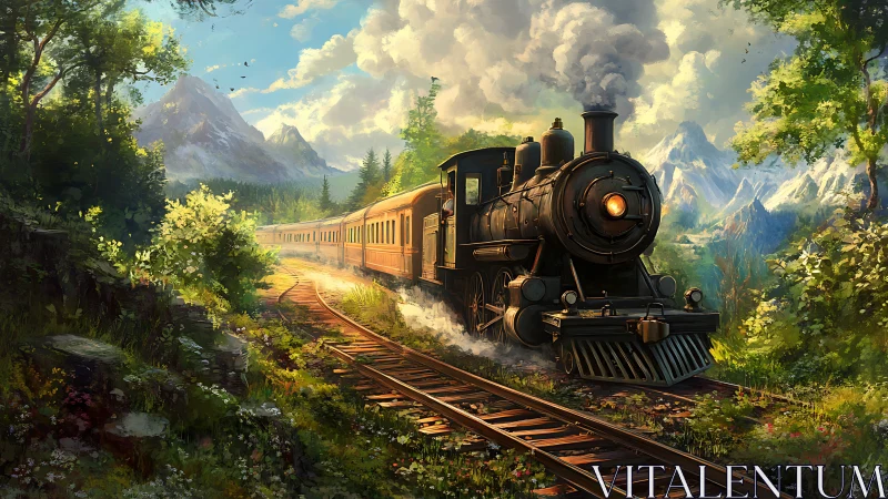 Digital painting of steam train in luminous alpine landscape.