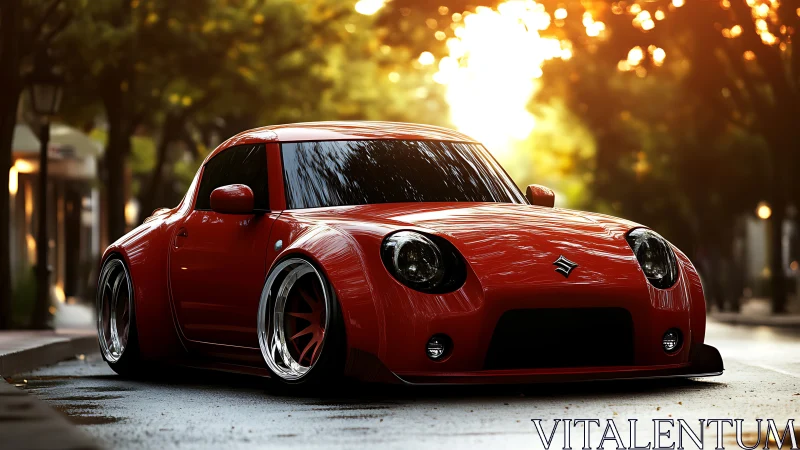 Playful red coupe prowls sunlit boulevard in style.