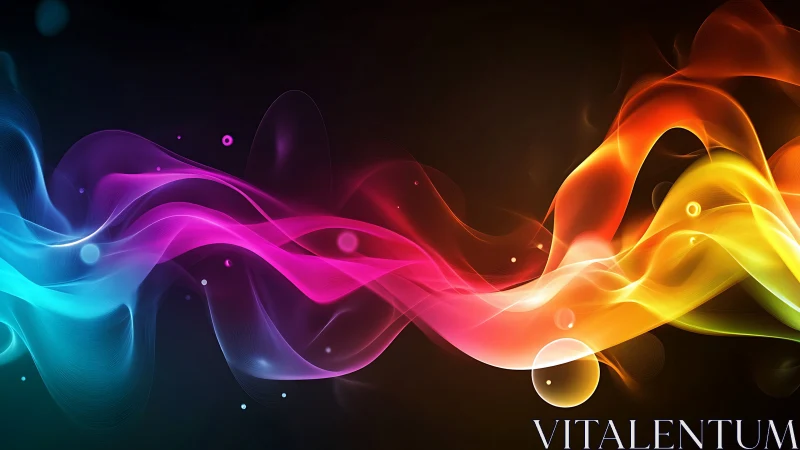 Colorful light waves flow across a dark abstract space.
