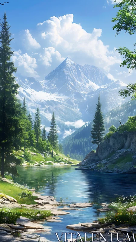 Gentle river path beneath sunlit snowcapped mountains.