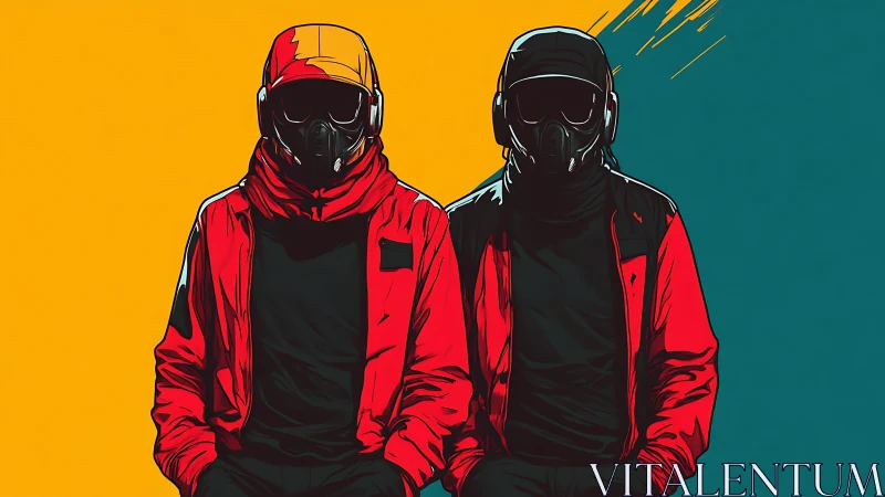 Two masked figures in red jackets stand against split background