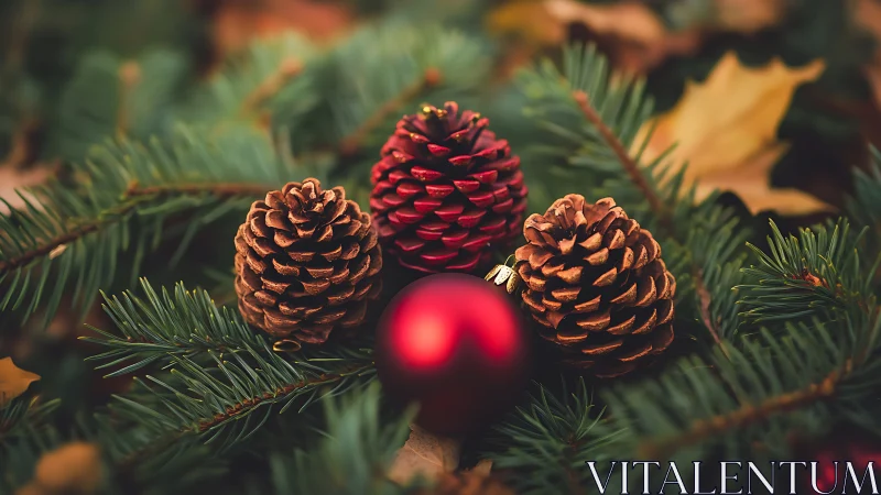Cozy pinecones and red bauble nestled in winter greenery.