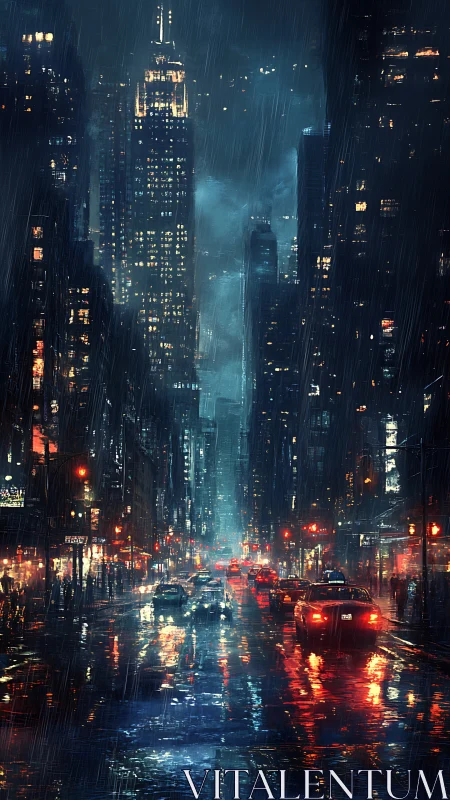 Rainy night city street glowing with reflections and life.