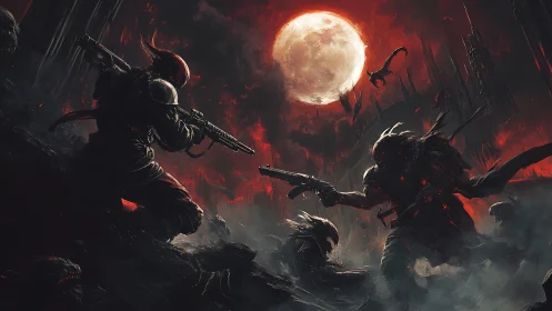 Heavily armed soldiers confront demons under blood moon.