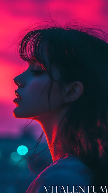 Side profile portrait in neon pink and blue light.