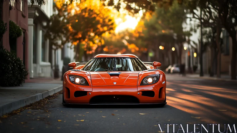 Orange supercar parked on quiet tree lined city street.