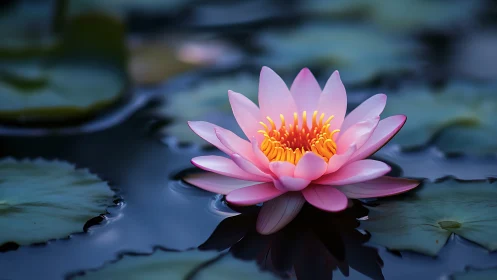 Pink water lily on dark reflective pond surface at dusk.