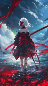 Scarlet-ribboned sword maiden at the edge of a stormed sea.